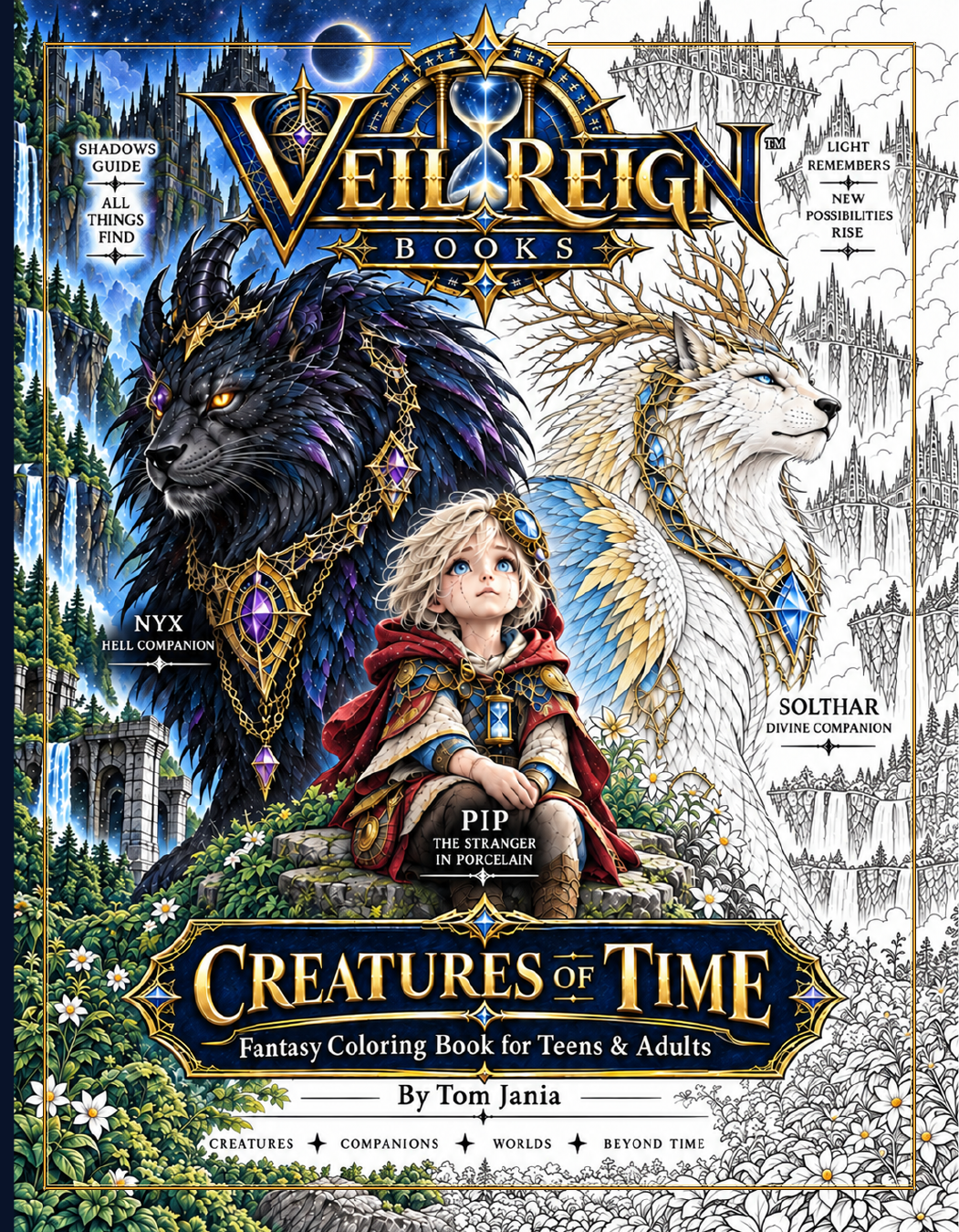 Front cover of Veilreign Creatures of Time featuring Pip between Nyx and Solthar in a half-colored fantasy realm