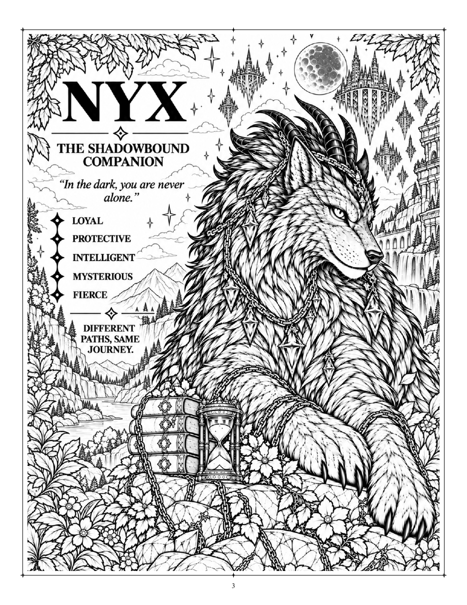 Black-and-white Creatures of Time coloring page featuring Nyx, the Shadowbound Companion