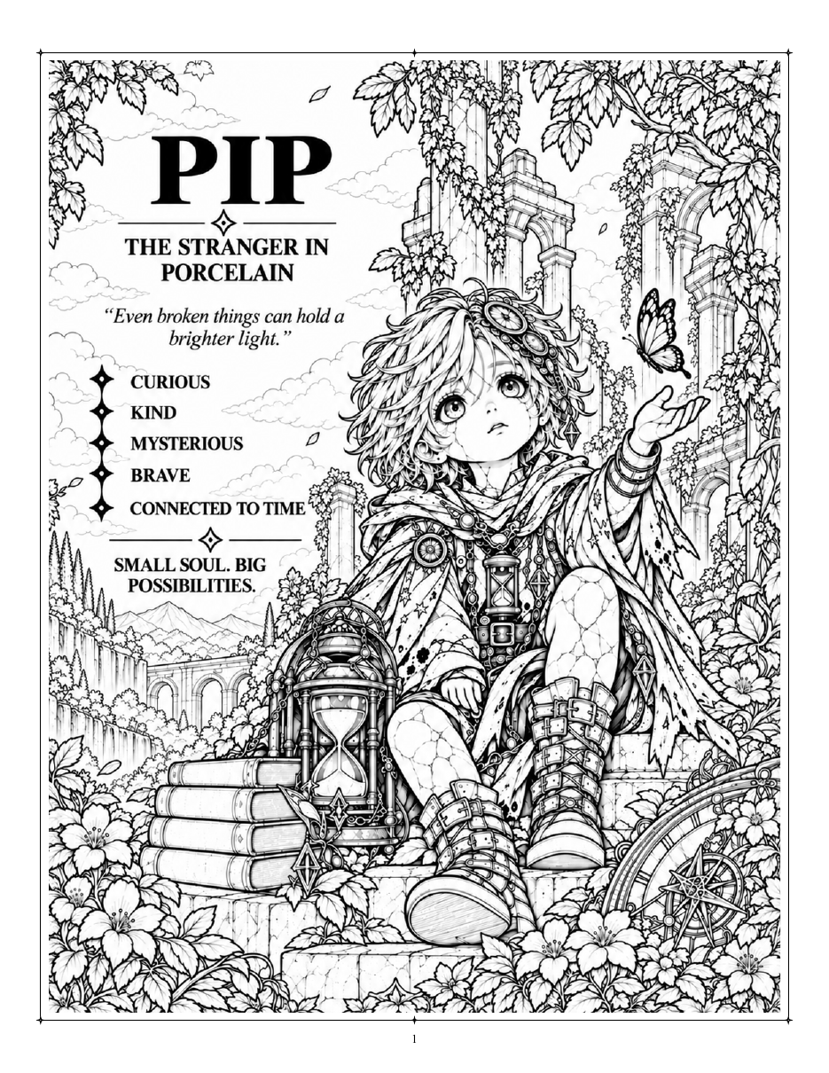 Black-and-white Creatures of Time coloring page featuring Pip in Porcelain