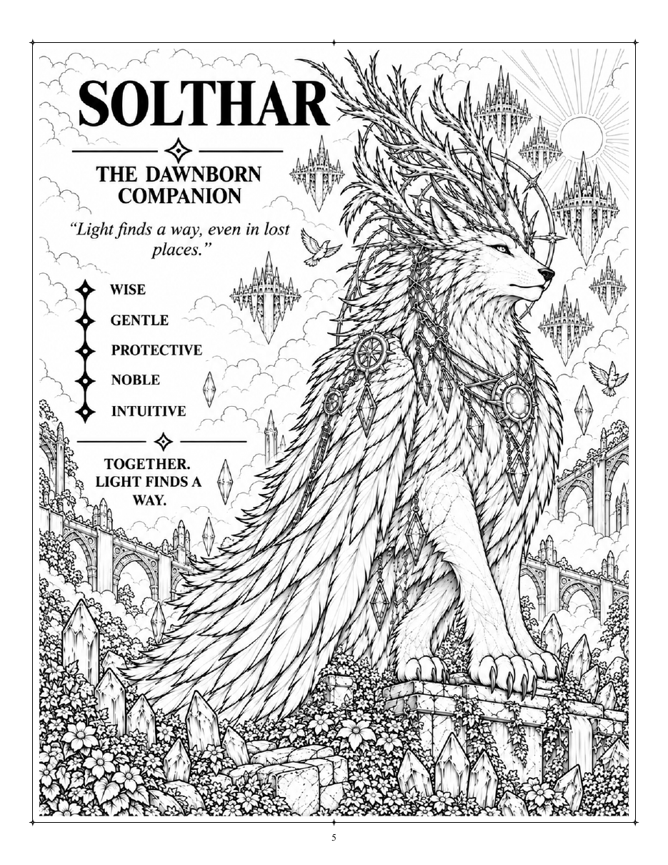 Black-and-white Creatures of Time coloring page featuring Solthar, the Dawnborn Companion