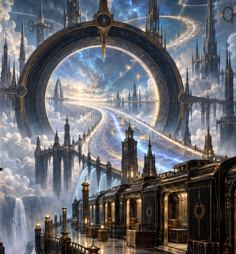 A luminous road passing through a monumental circular gate above the clouds