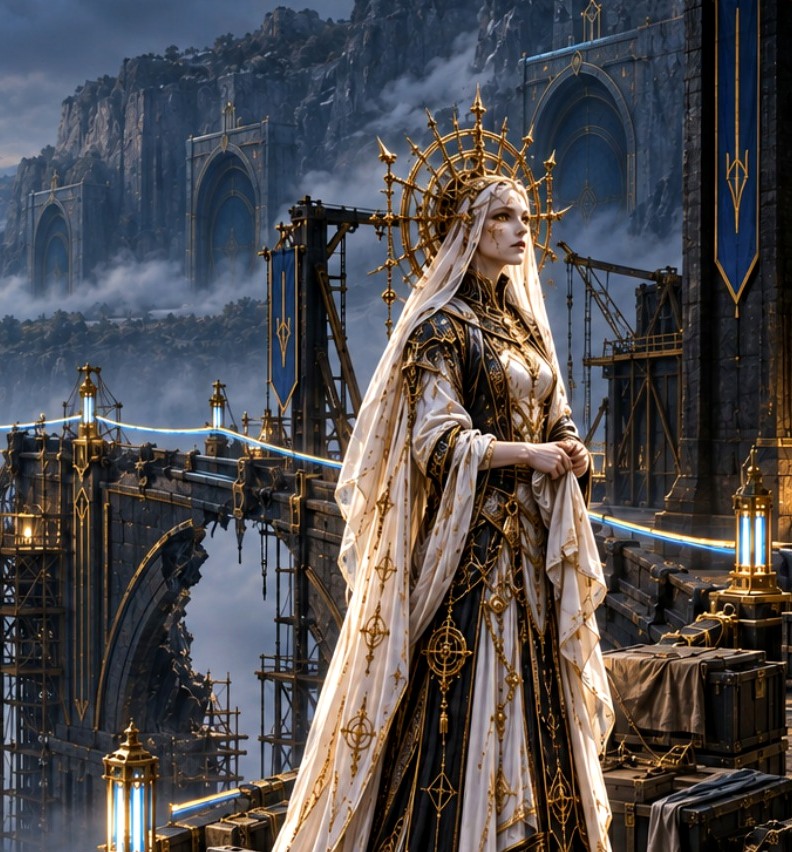 A celestial court overlooking monumental gates in the mountains