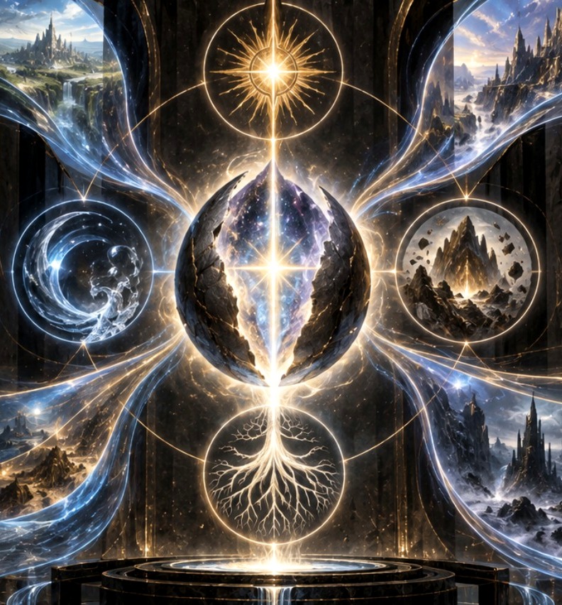 A radiant Veilreign relic holding four connected realms