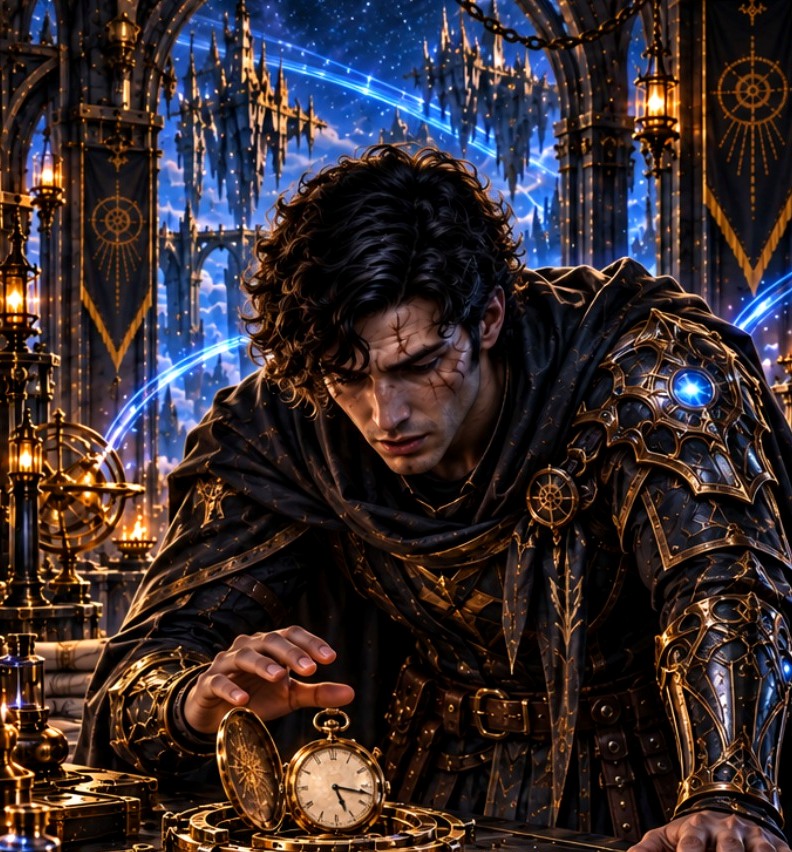 A clock scholar studying a pocket watch among gears