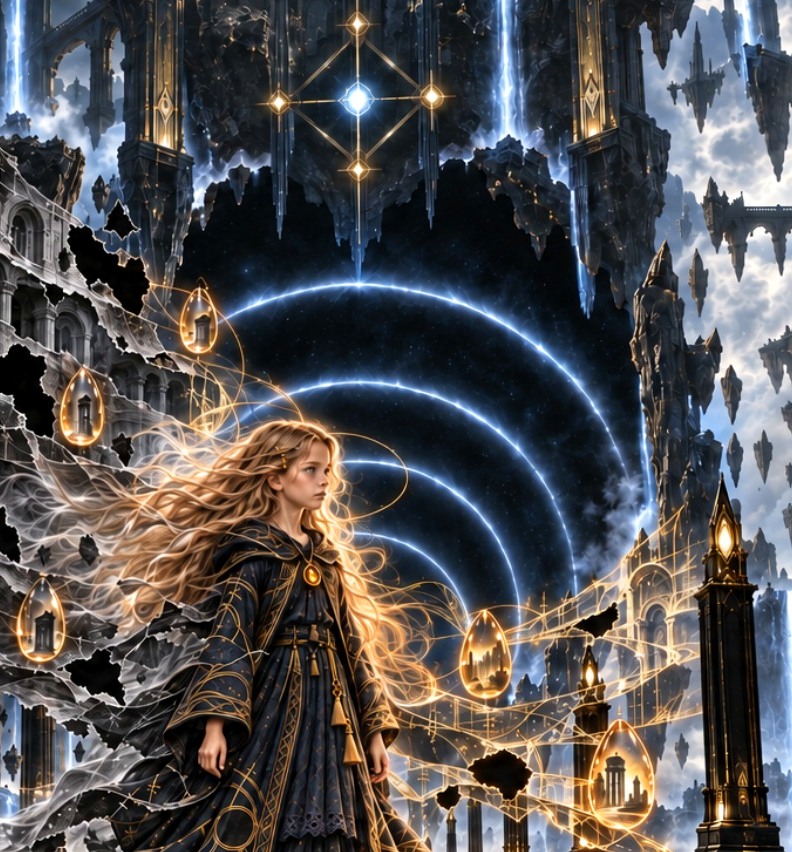 A young traveler standing among floating cities and rings of time