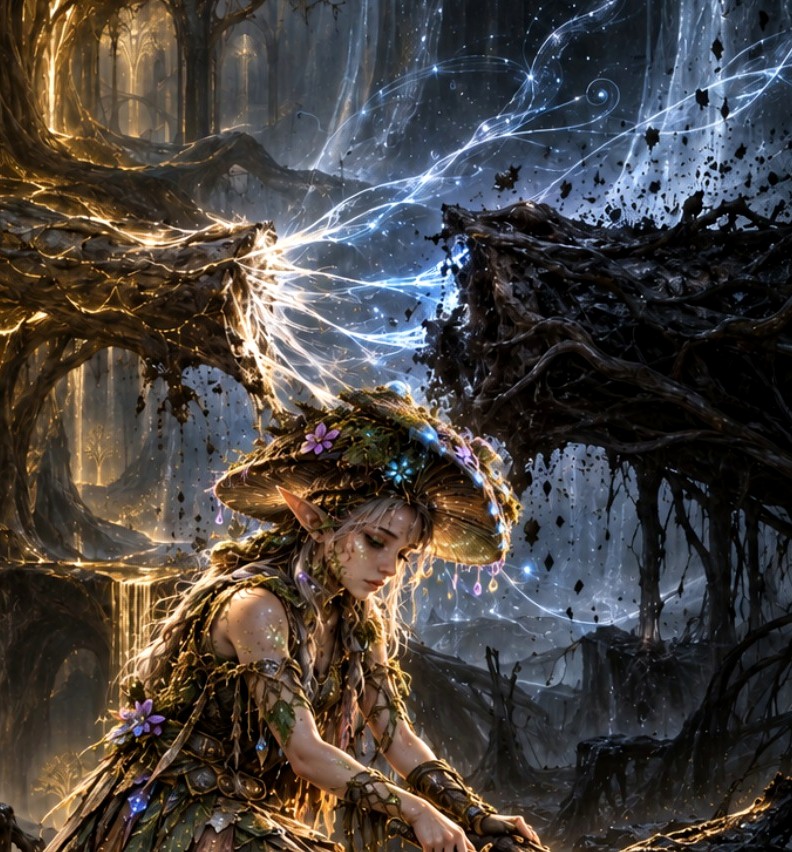 A keeper tending the divided roots of a luminous memory garden