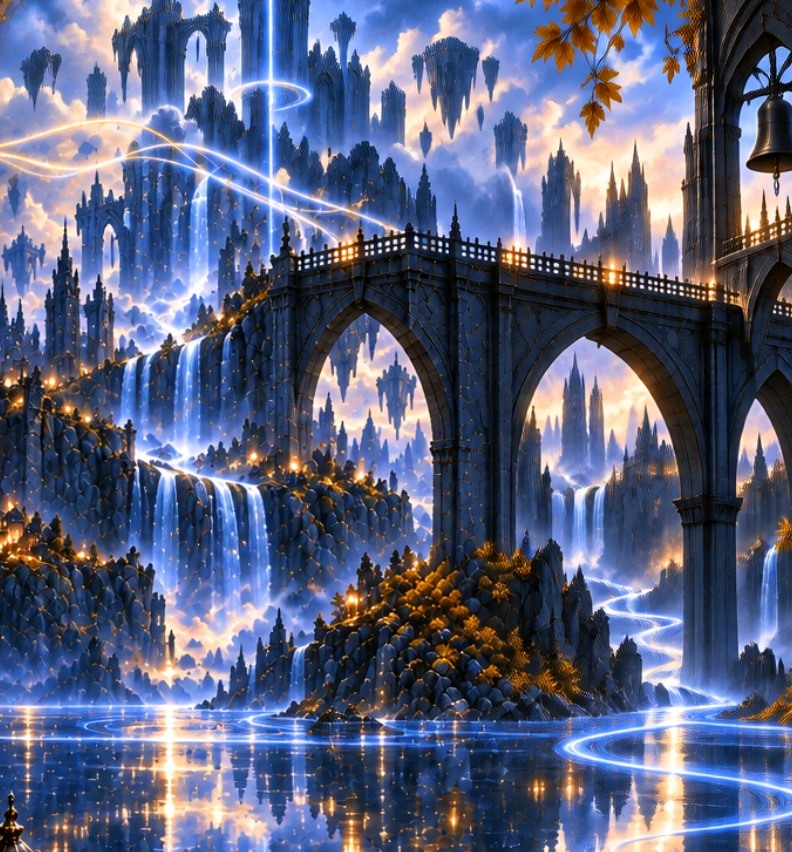 The Great Bridge crossing floating cities and upward-flowing water