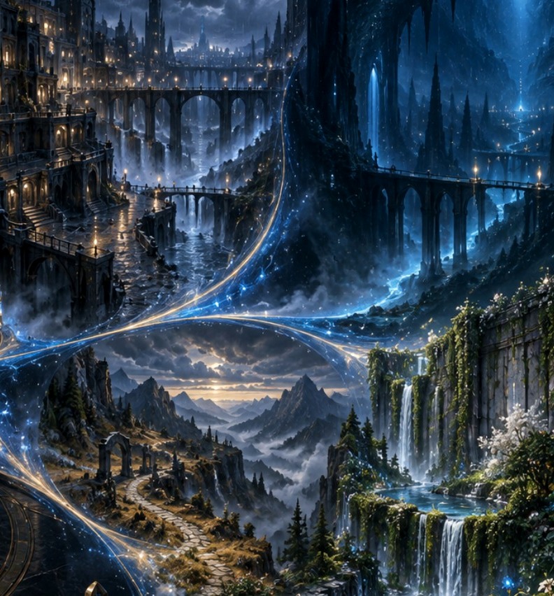 Four distinct Veilreign landscapes connected by streams of time-light