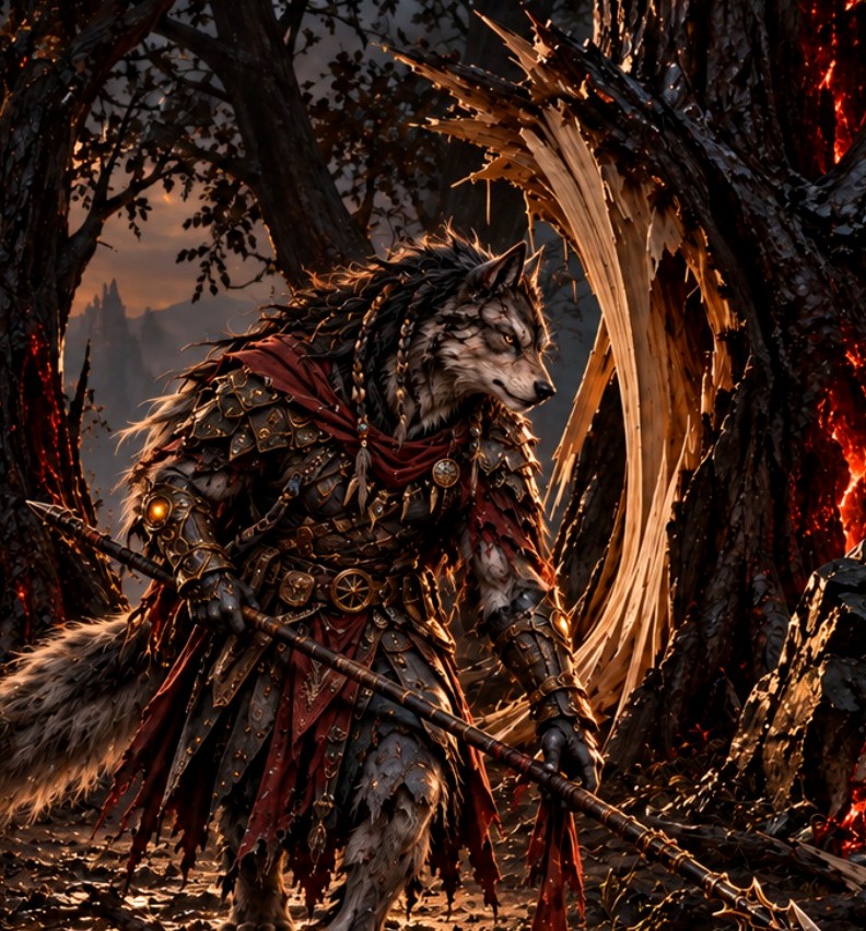 A wolf-like armored wayfinder carrying a clockwork spear