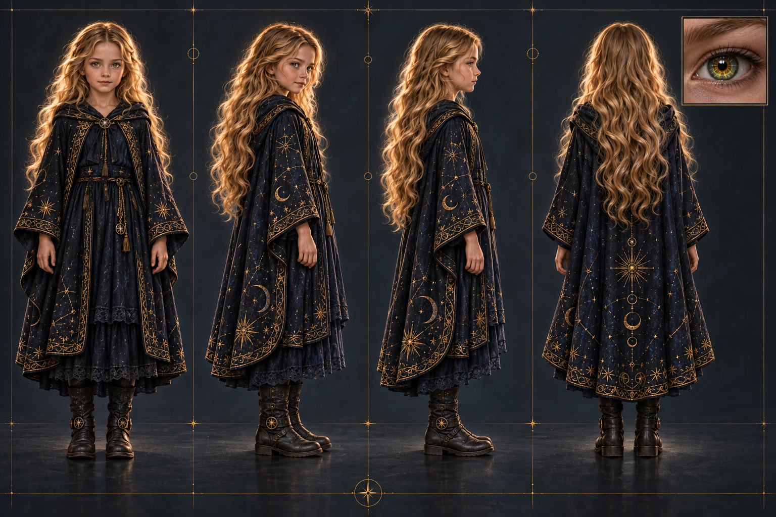 Illustrated astral study of Nell in her midnight and gold cloak