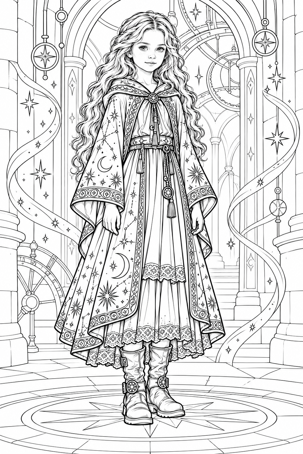 Black-and-white coloring-page illustration of Nell in the Hall of Echoes