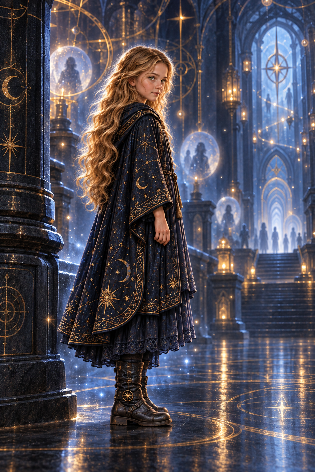 Artistic portrait of Nell standing in the Hall of Echoes, surrounded by blue time-light and golden celestial patterns