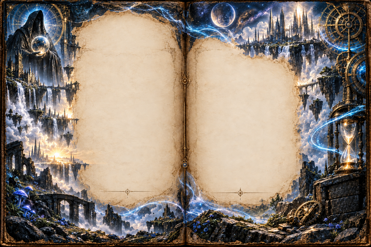 An open illuminated Veilreign chronicle surrounded by floating cities, clocks, and blue time-light