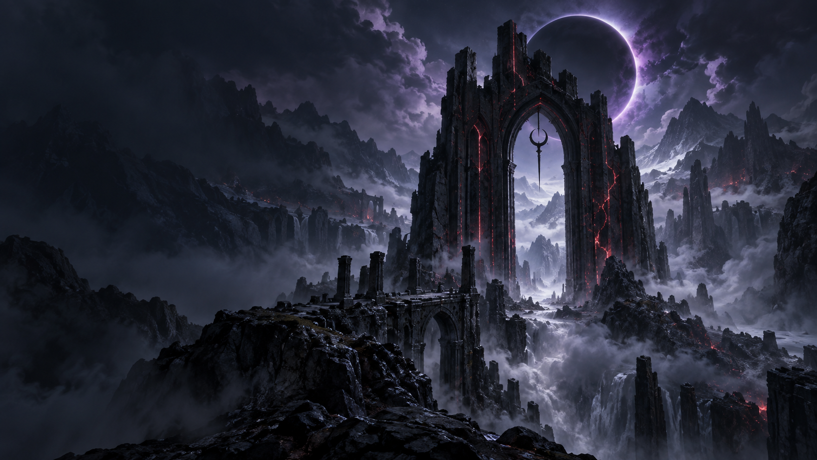 A monumental Veilreign gate beneath a dark eclipse, surrounded by mountains and mist